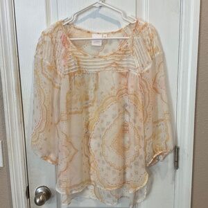 Lauren Conrad White Peach Yellow Sheer 3/4 Sleeve Top Blouse - Size XL - EC